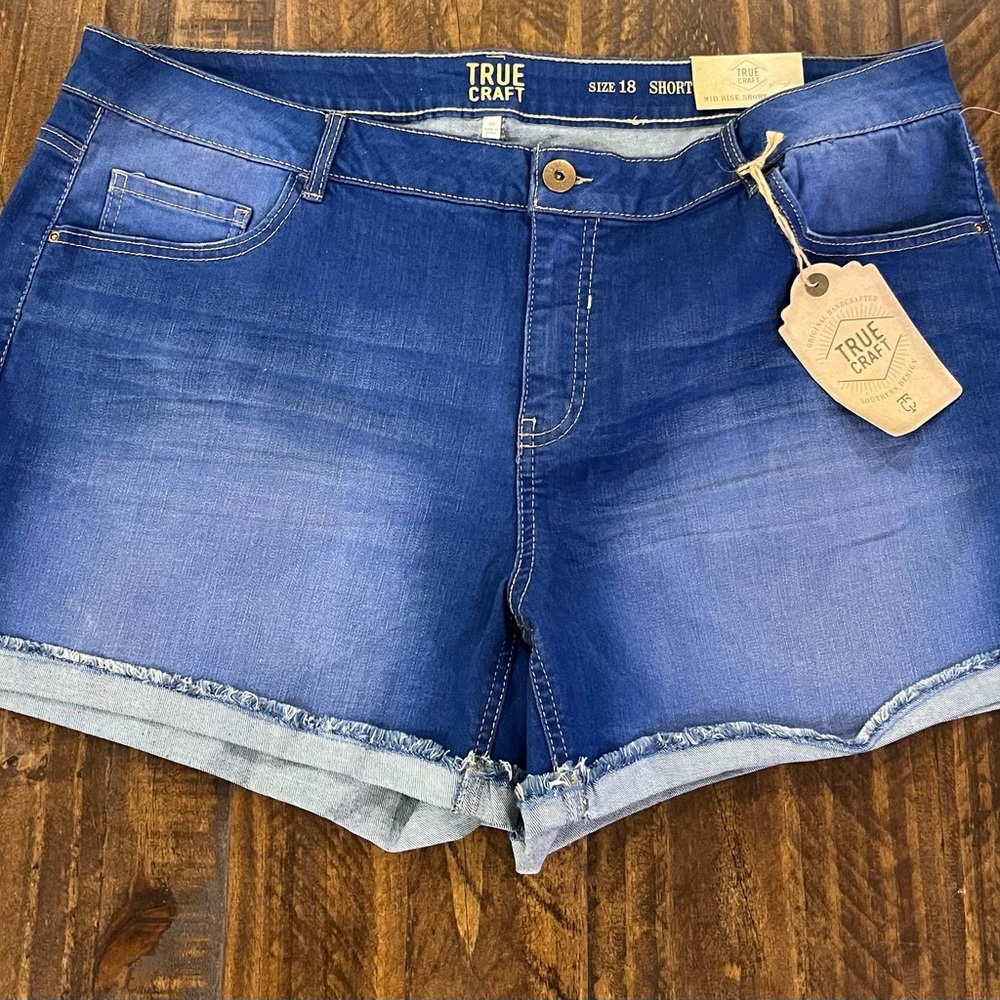 True Craft Women's Mid Rise Dark Blue Jean Shorts